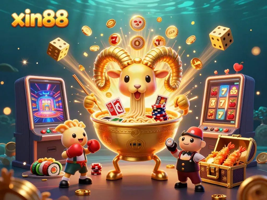 Engage with the fun and vibrant atmosphere of xin88 featuring a giant ramen bowl dealer and unique game elements.