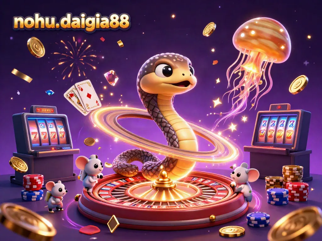 Nohu-daigia88 displays a vibrant casino scene with a Saturn snake dealer and astronaut mice placing bets.