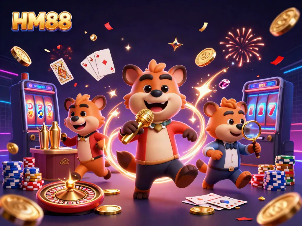 Engage with the vibrant HM88 casino scene, featuring animated hyenas and rich gambling elements.