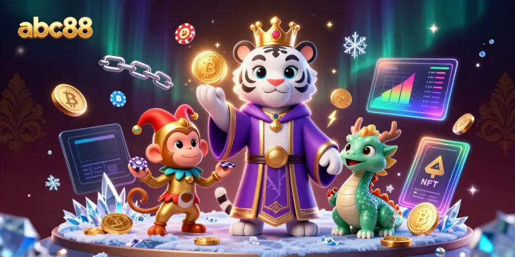 Experience thrilling gaming moments with abc88's vibrant casino scene showcasing a royal-themed tiger and playful monkey.