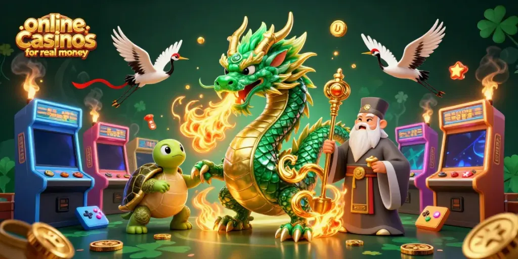 Experience the excitement of online casinos for real money with a vibrant 3D dragon and lucky symbols.