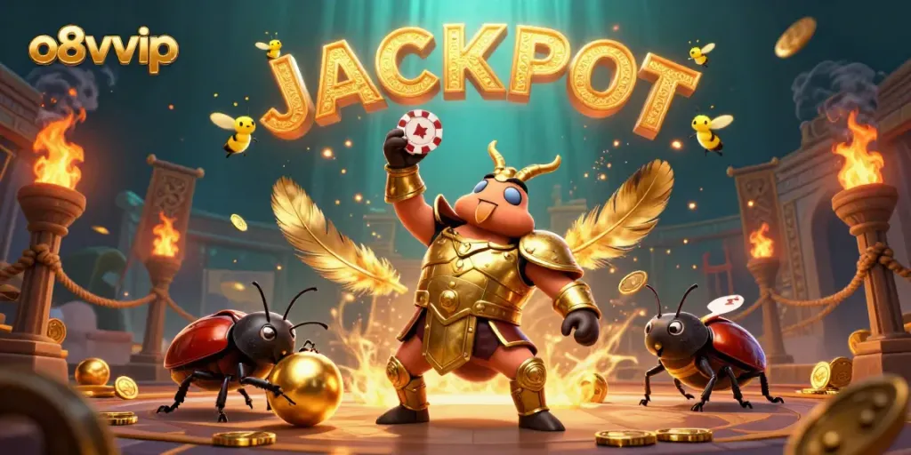 Win big with o8vvip as the heroic beetle lifts a poker chip, surrounded by casino excitement.