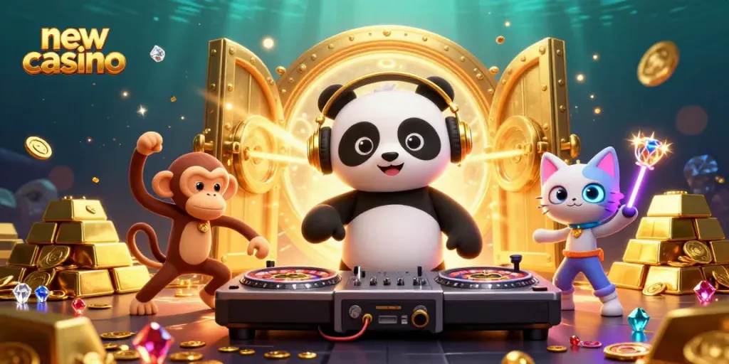 Experience the vibrant new casino scene with DJ panda and dancing monkey amidst gold treasures.