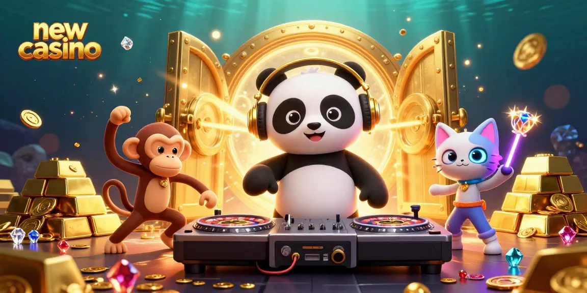 Experience the vibrant new casino scene with DJ panda and dancing monkey amidst gold treasures.