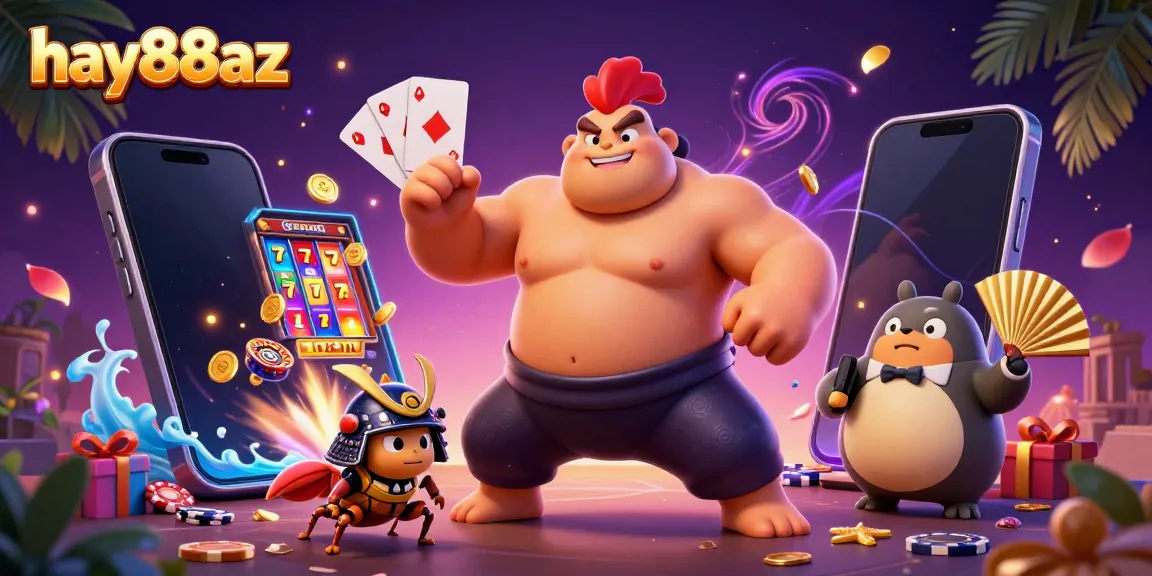 Engaging illustration with hay88az sumo wrestler and dynamic casino elements, depicting action-packed gaming excitement.