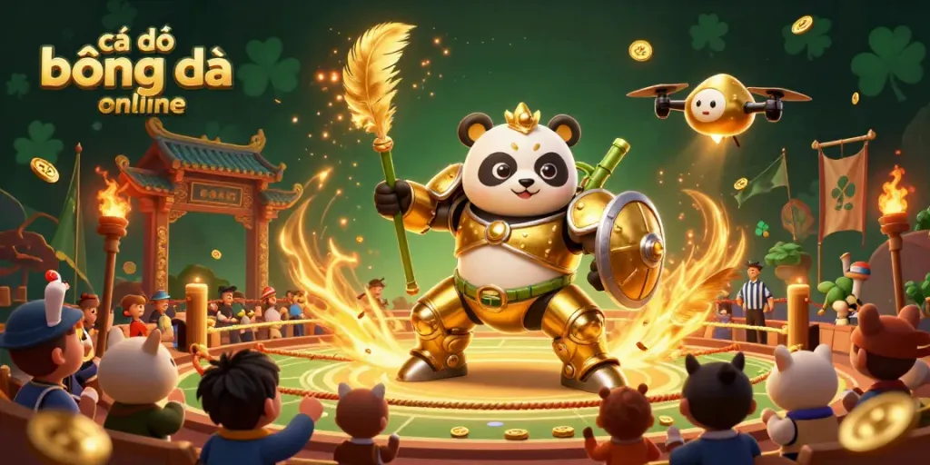 Engage in cá độ bóng đá online with dynamic betting action featuring a golden panda and vibrant arena elements.