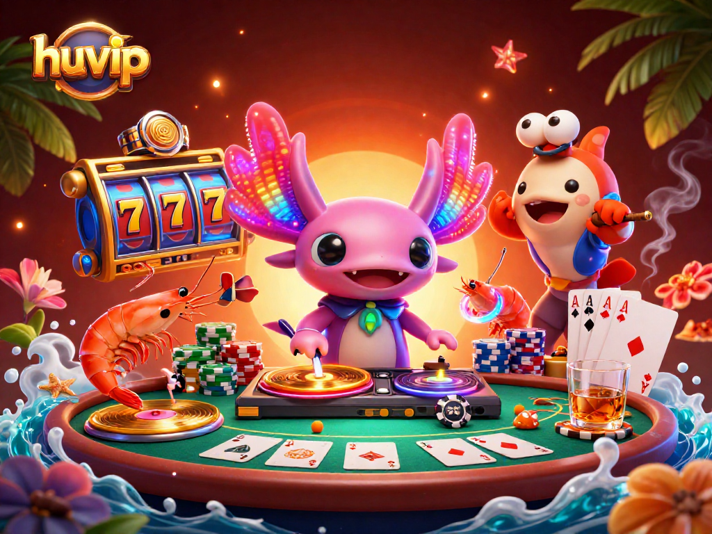 Experience thrilling gaming with huvip, featuring vibrant characters and dynamic slot machines.